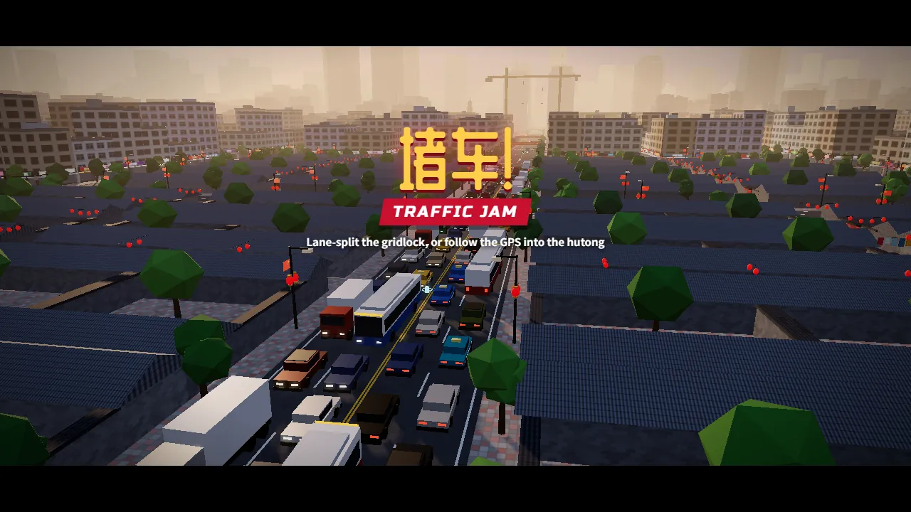 An aerial view of the holiday gridlock, with a big "Traffic jam" banner.