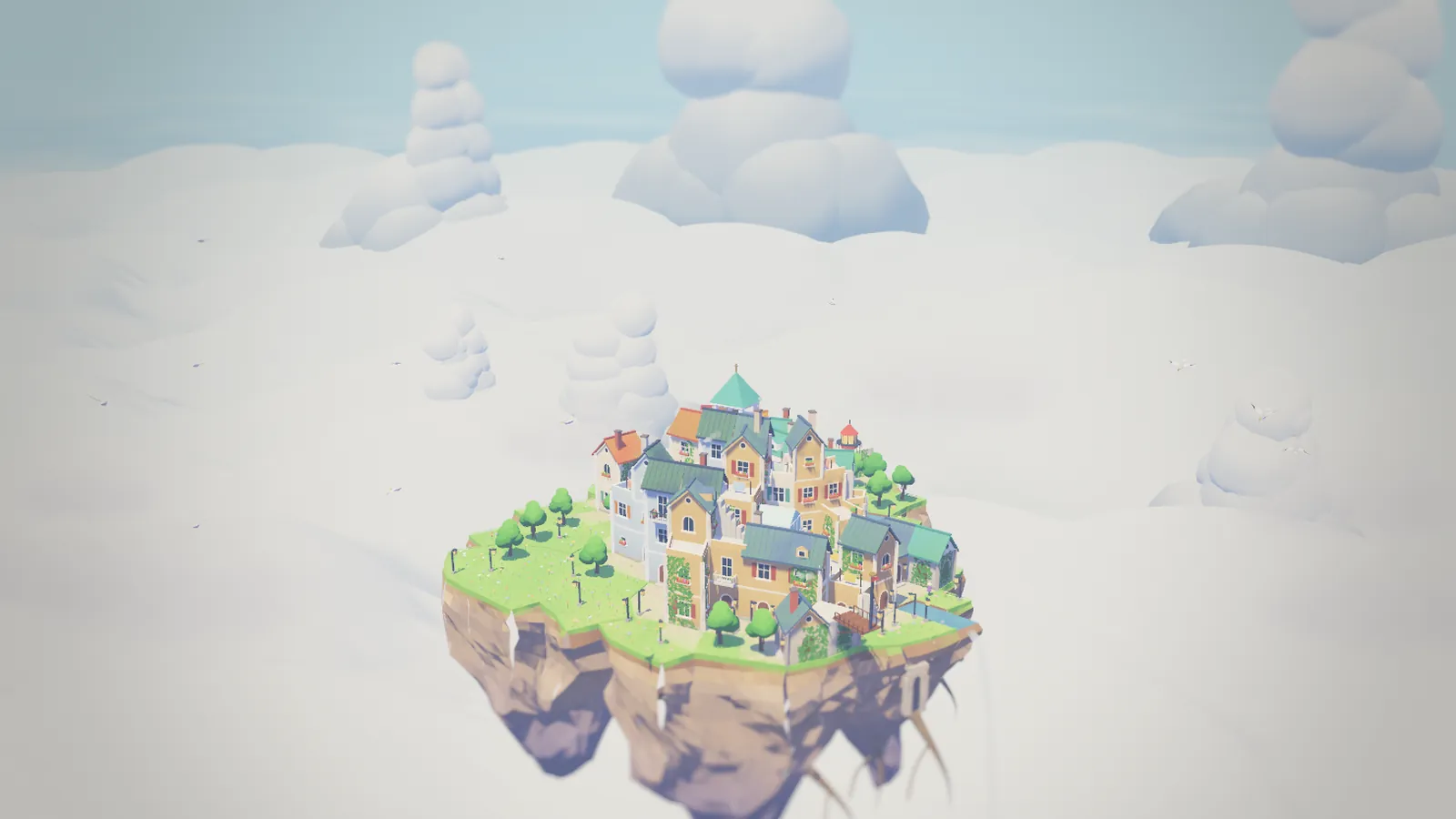 A small floating town of cream and terracotta houses above a sea of clouds.