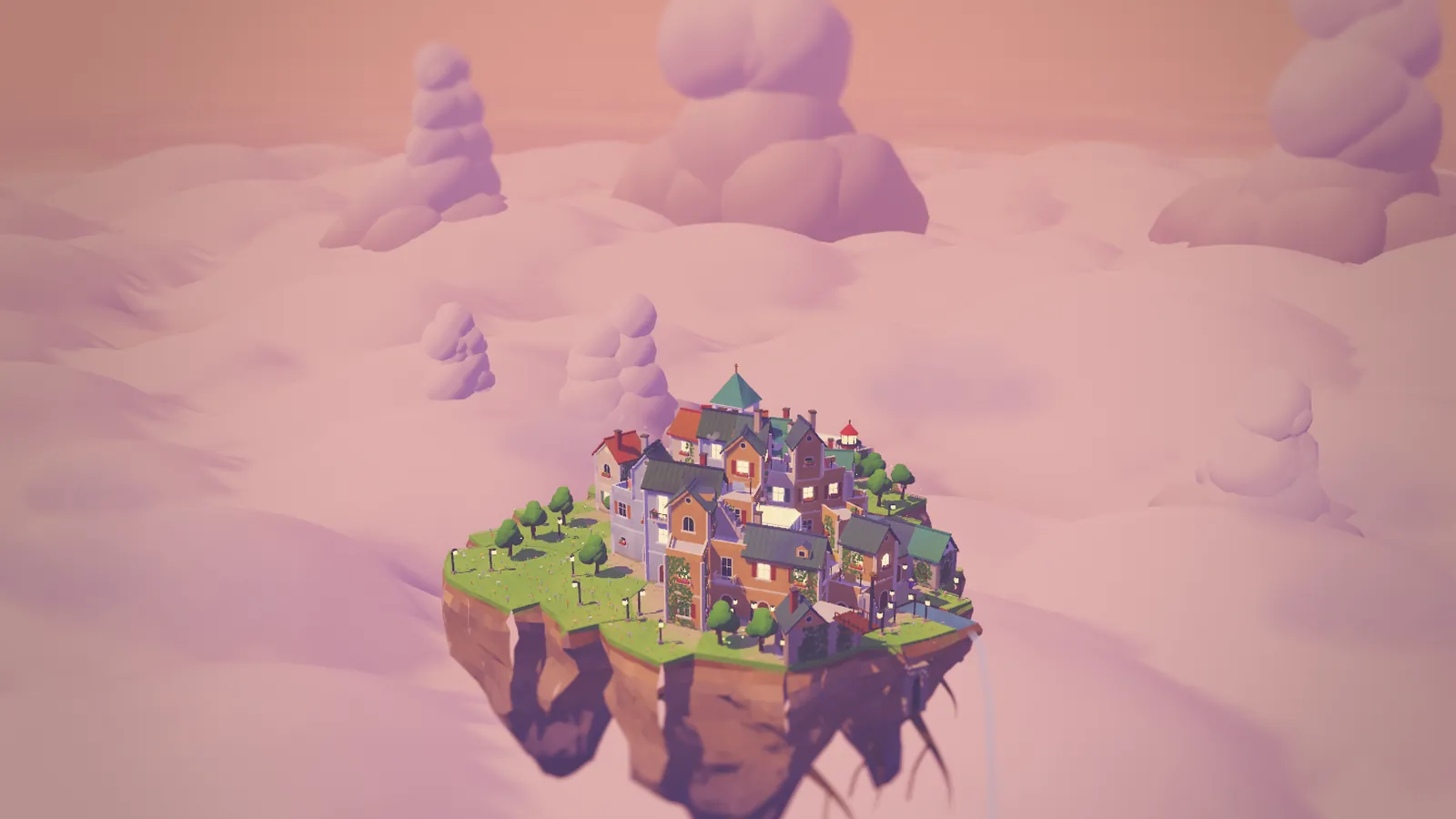 The island at dusk, windows lighting up one by one.
